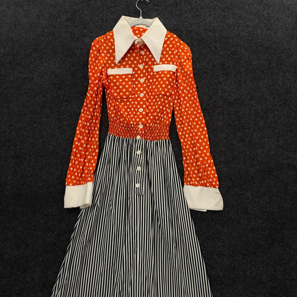 Vintage 1960s Mod Maxi Dress Orange Polka Dot Striped Mixed Print XS Halloween